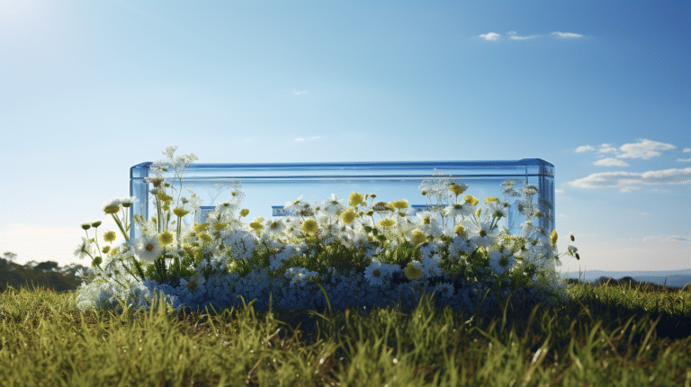 Glass coffin full of flowers in a field