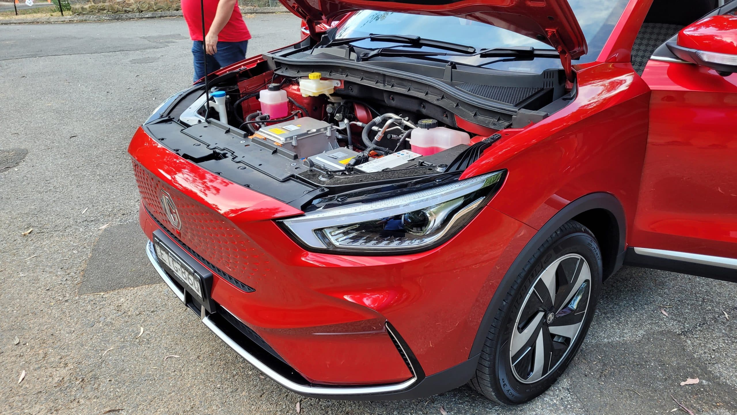 MG ZS EV front with bonnet open
