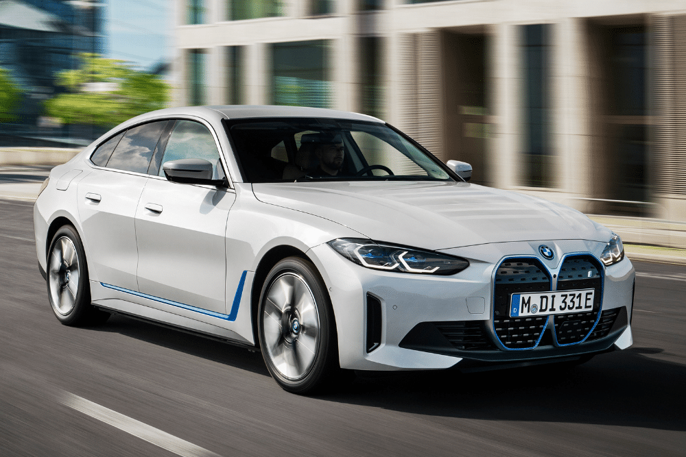 White BMW i4 outside on street