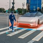 Autonomous self-driving car, at a zebra crossing with distracted man crossing road