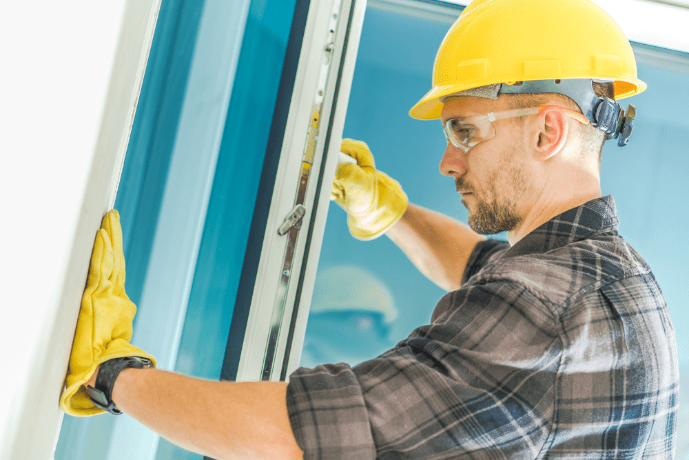 Worker fitting window glass