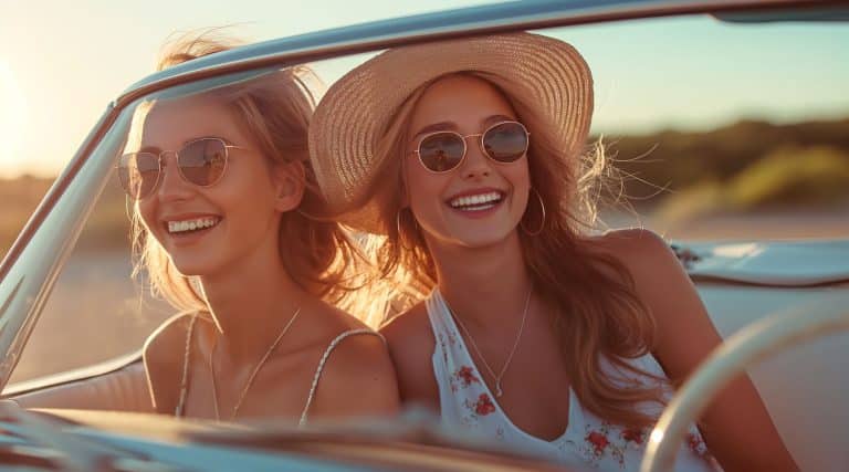 Two happy women in a car