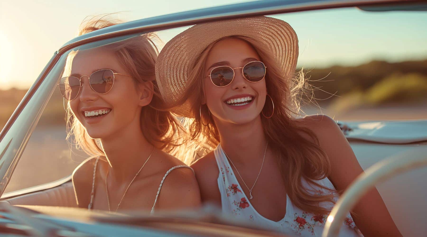 Two happy women in a car