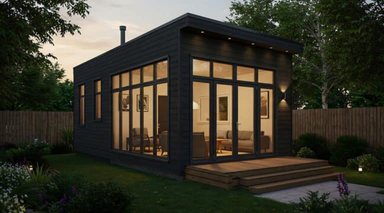 Granny flat in a backyard at dusk