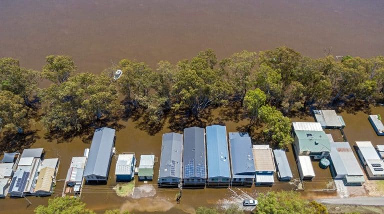 Aerial view of flooded buildings