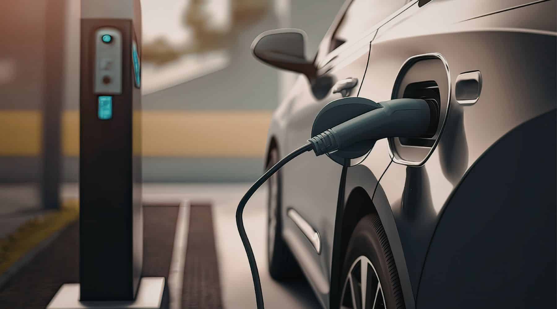 Electric car being charged in a driveway