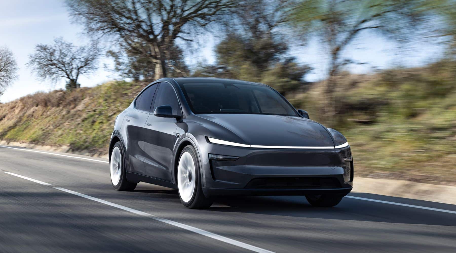Tesla Model Y driving through bushland